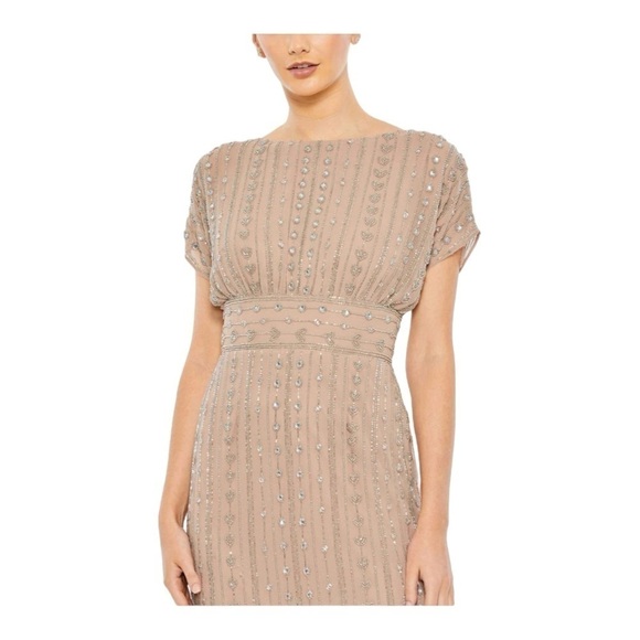 Mac Duggal Beaded Cap Sleeve Column Midi Dress in Dark Mocha NWT - Picture 3 of 7